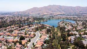 Daytime aerial view of a suburban neighborhood in Moreno Valley